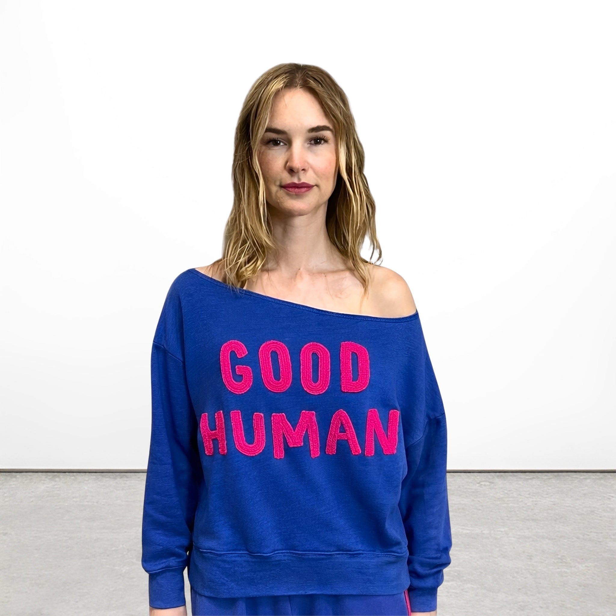 Good Human Sweatshirt – Blue with Neon Pink