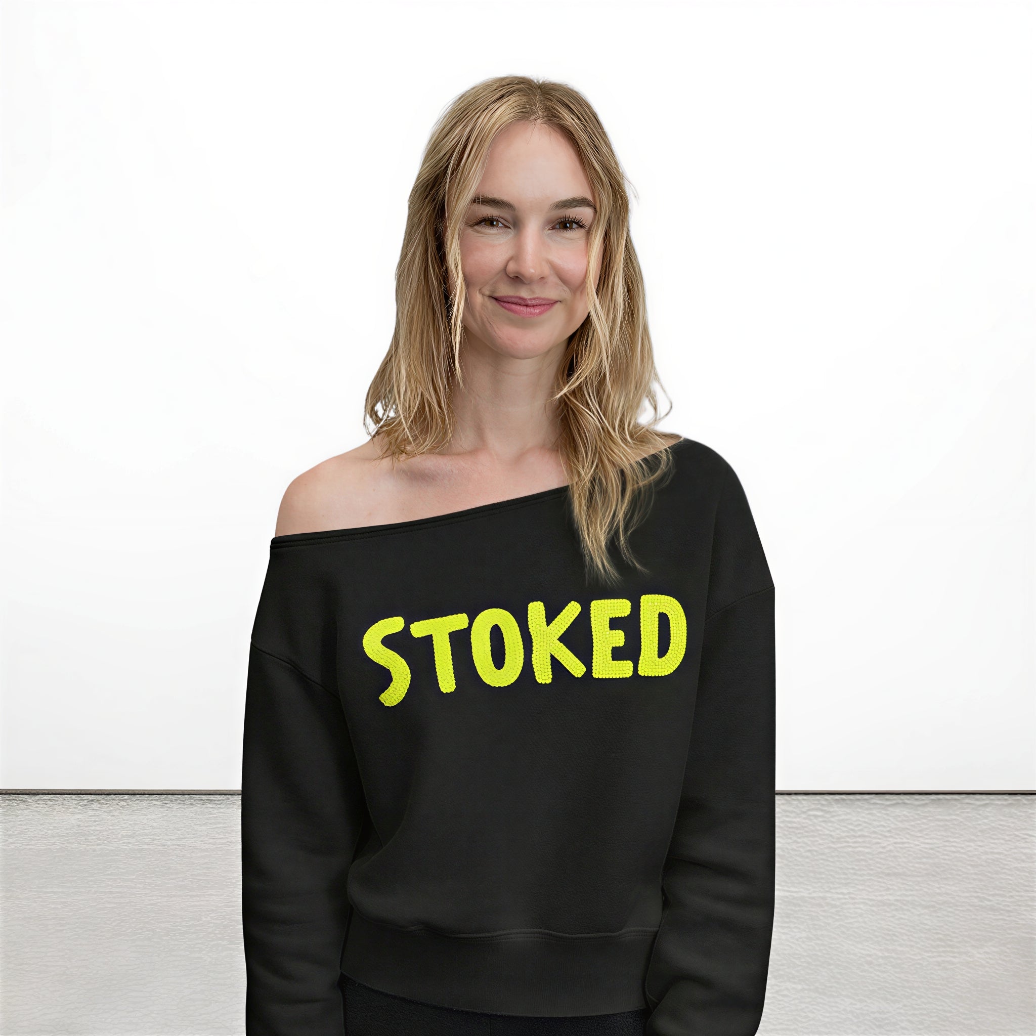 Charcoal Grey Off-the-Shoulder Sweatshirt with Neon Yellow “STOKED” Crochet