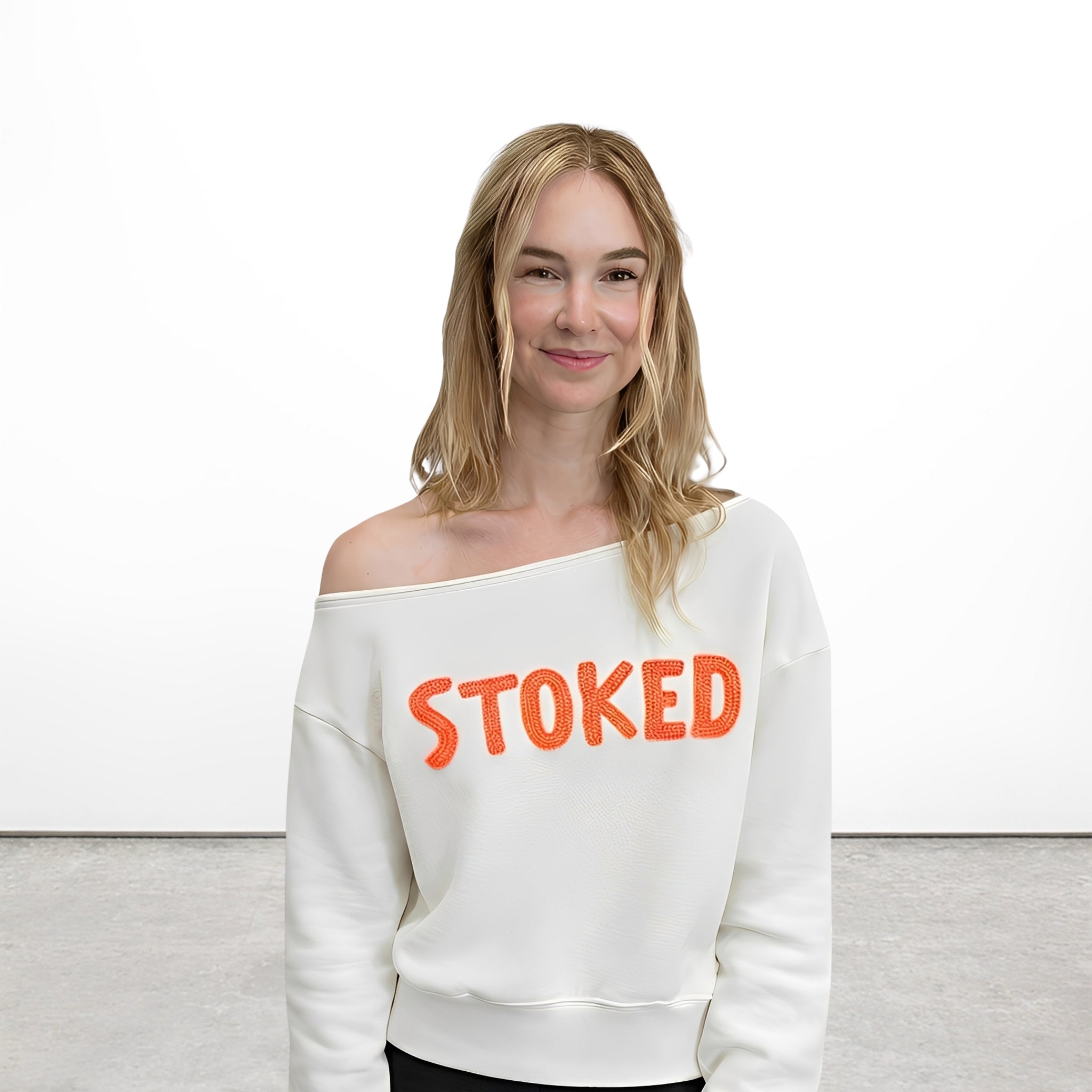 White Off-the-Shoulder Sweatshirt with Neon Orange “STOKED” Crochet