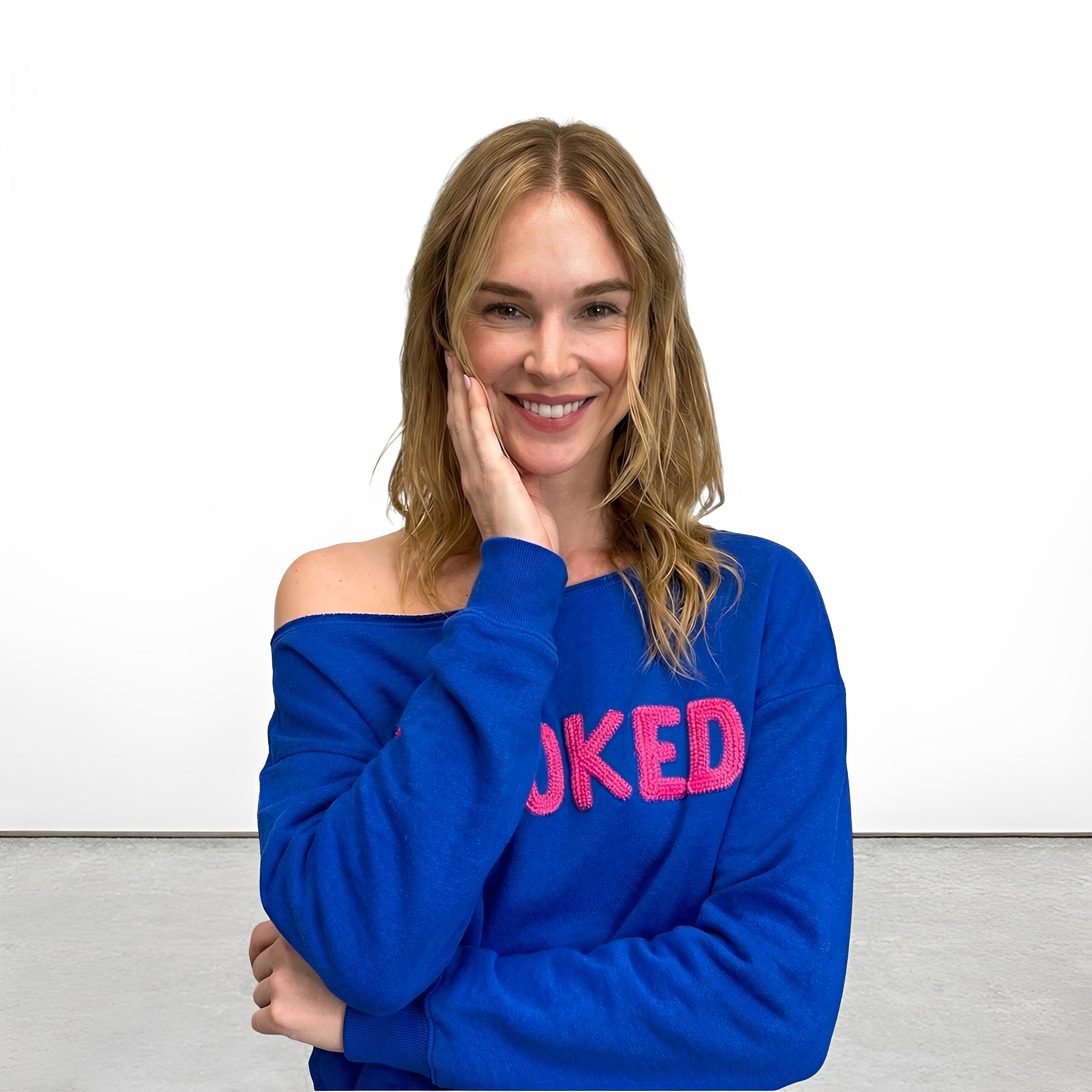 Blue Off-the-Shoulder Sweatshirt with Neon Pink “STOKED” Crochet